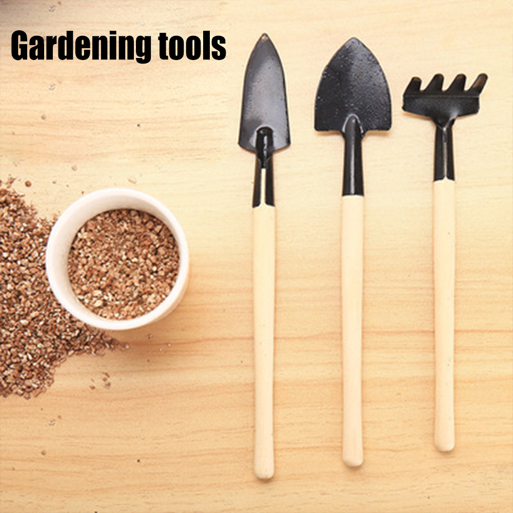 3pcs Set Shovel Rake Spade Wood Handle Metal Head Kids Tool Mini Garden Tools 