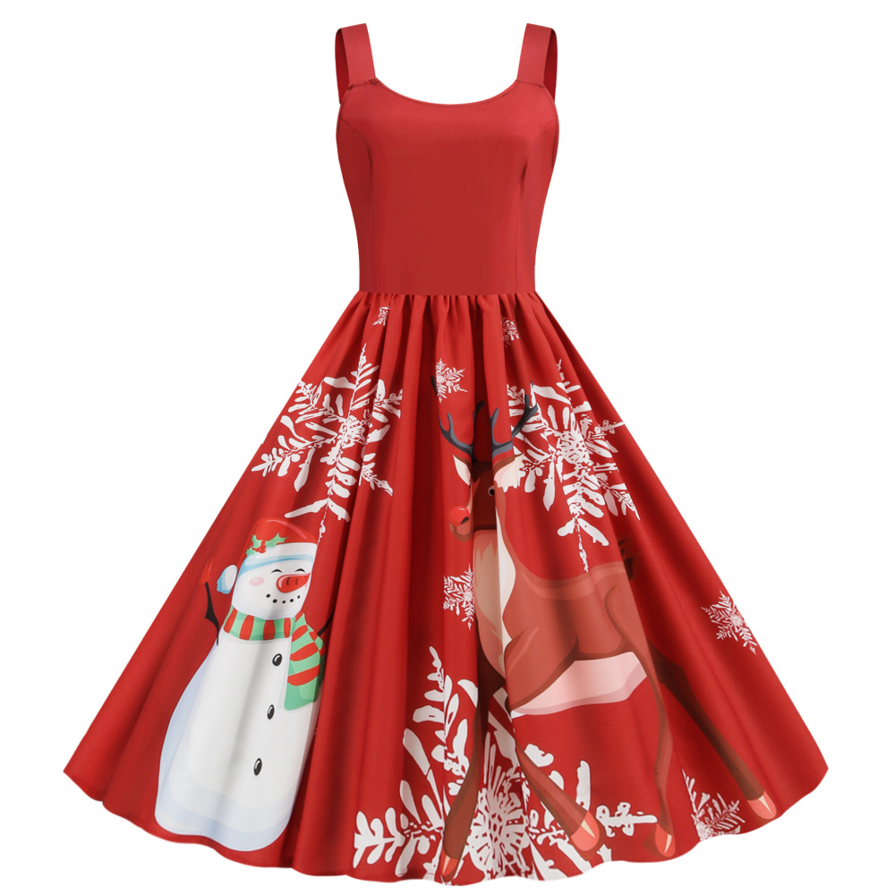 Womens Retro Christmas Dress Santa Claus Printed Sleeveless High Waist Dress  | eBay Australia
