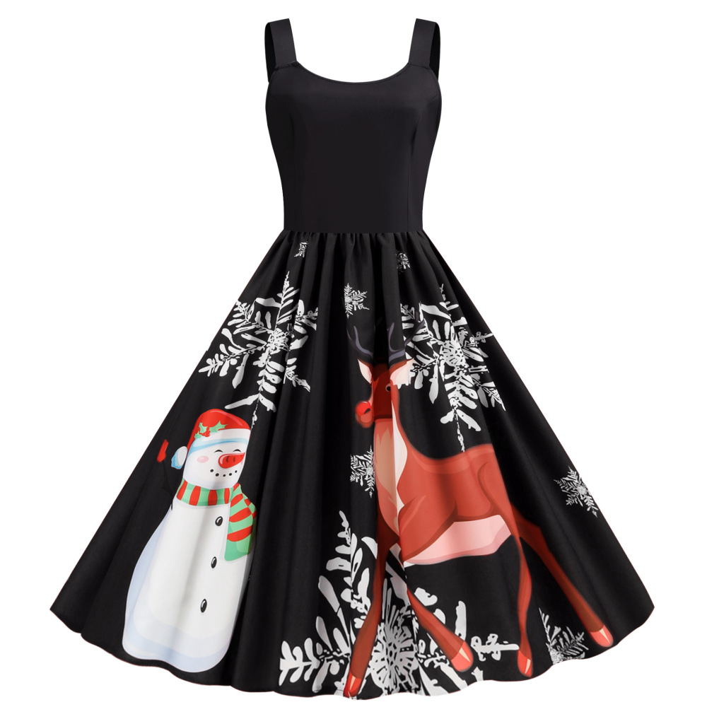 Womens Retro Christmas Dress Santa Claus Printed Sleeveless High Waist Dress  | eBay Australia