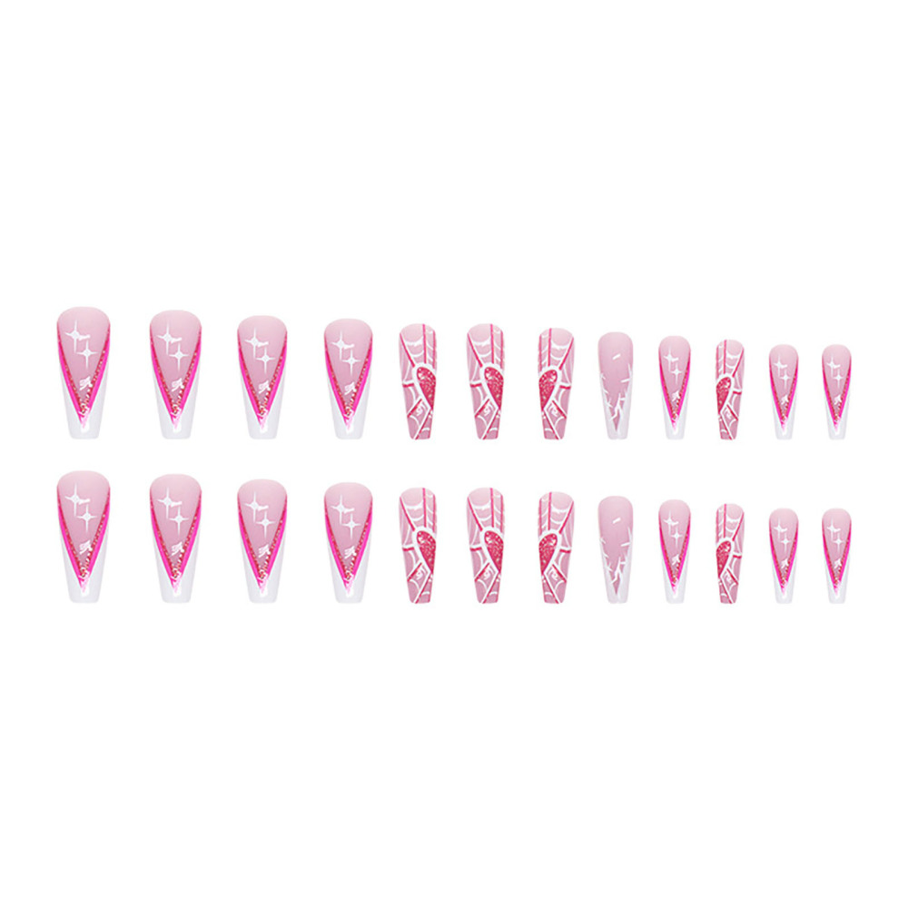 Pink Long Square French Tips,Halloween Fake Nail w/ Spider Web Printed False Nai