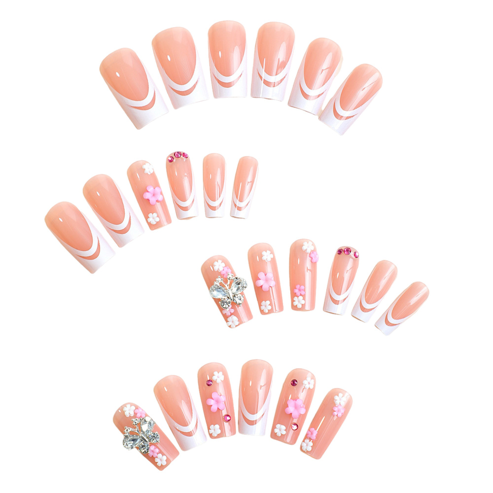 White French Tips with Butterfly Rhinestone Long Square False Nail Pink Flower - Picture 7 of 7