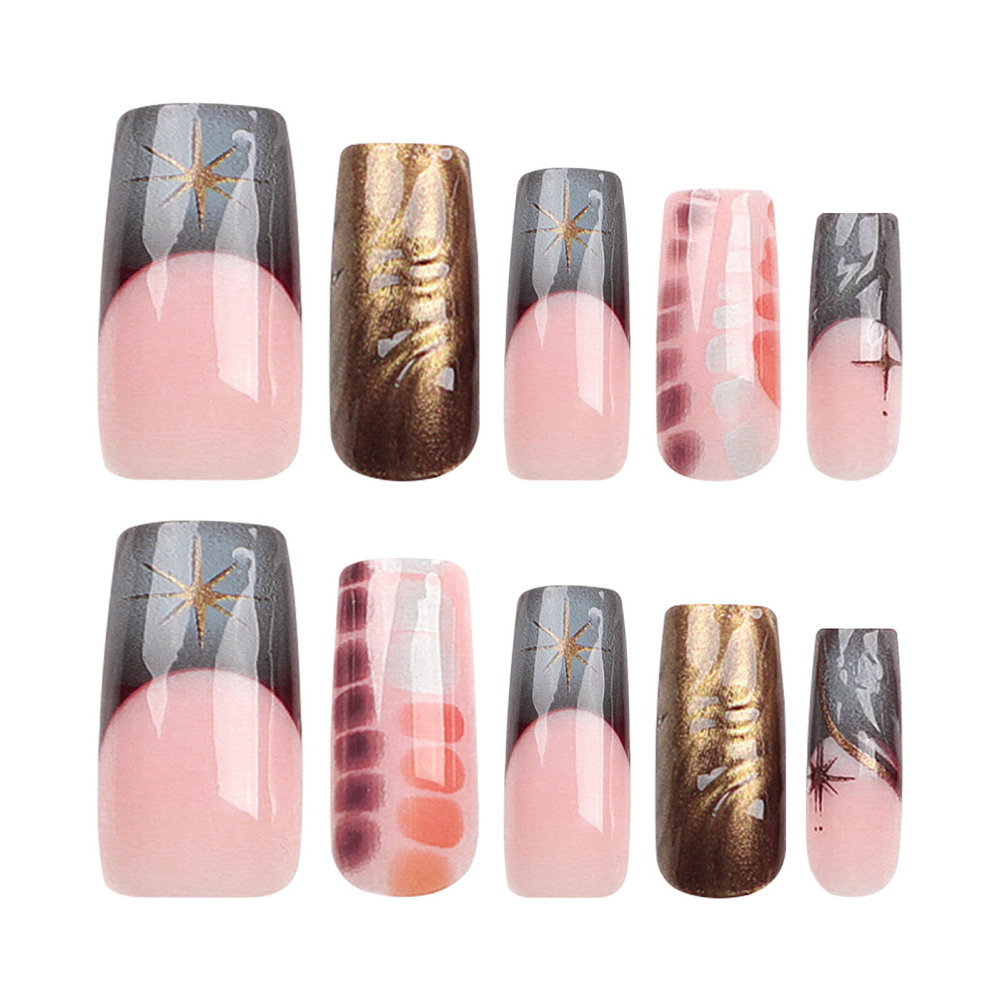 24pcs French False Nail for Women Dye Style Starry Brown Coffin Square Nail - Picture 11 of 11