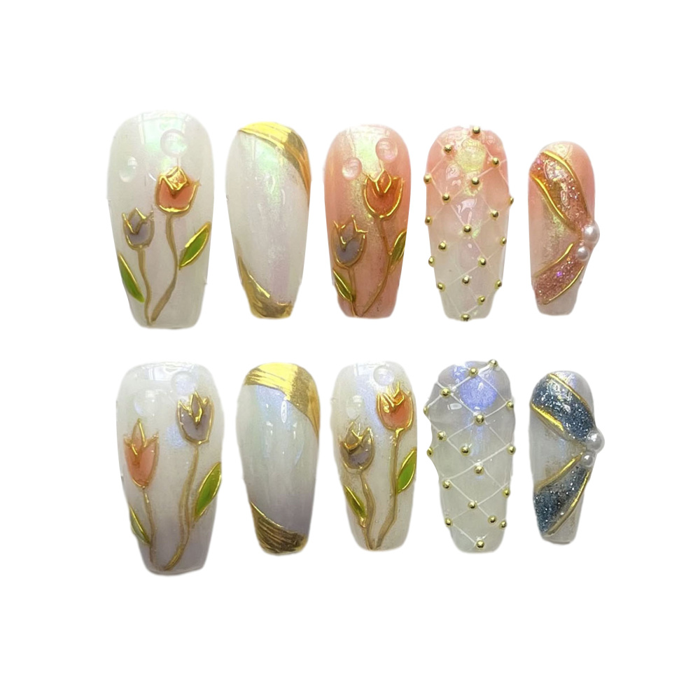 Long Square Press-On Fake Nail 3D Relief Flowers Decliate Glossy Manicure 10pcs