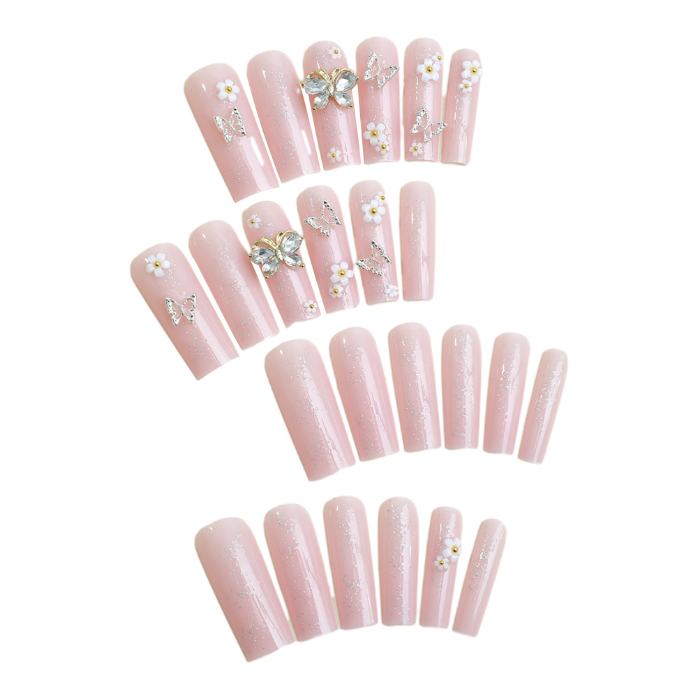 24pcs Women Long Press on Nail 3D Butterfly Flower Charm Resin Artificial Nail