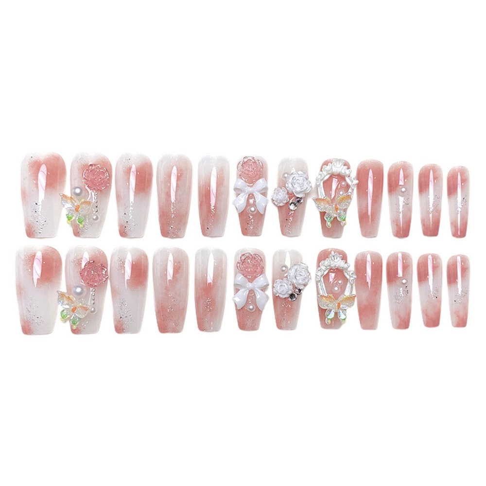 Pink Flower Fake Nails with 3D Butterfly Bow Coffin False Nail Press On Nail - Picture 12 of 12