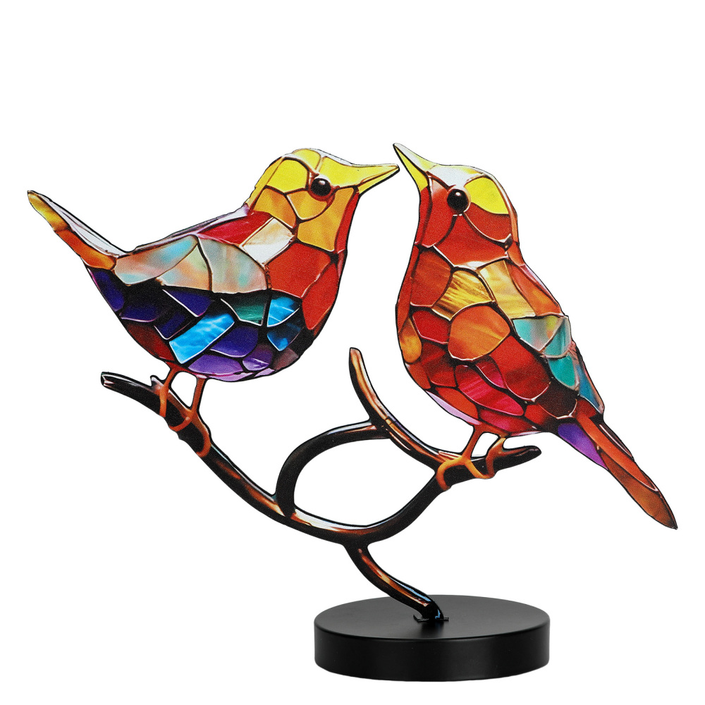 Stained Glass Birds-On-Branch Suncatcher Metal Table Decor Home Ornaments - Picture 10 of 13