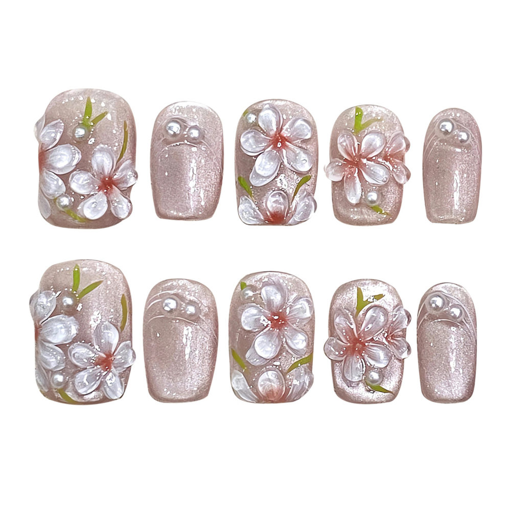 Pink Squoval Short Fake Nails with 3D Flower Spring False Nail Press on Nails - Picture 14 of 15