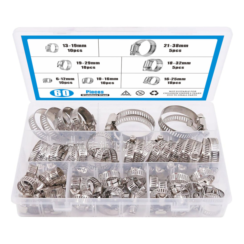 60Pcs Stainless Steel Hose Clamps Clips Range Worm Gear Pipe Clamp Kit Set