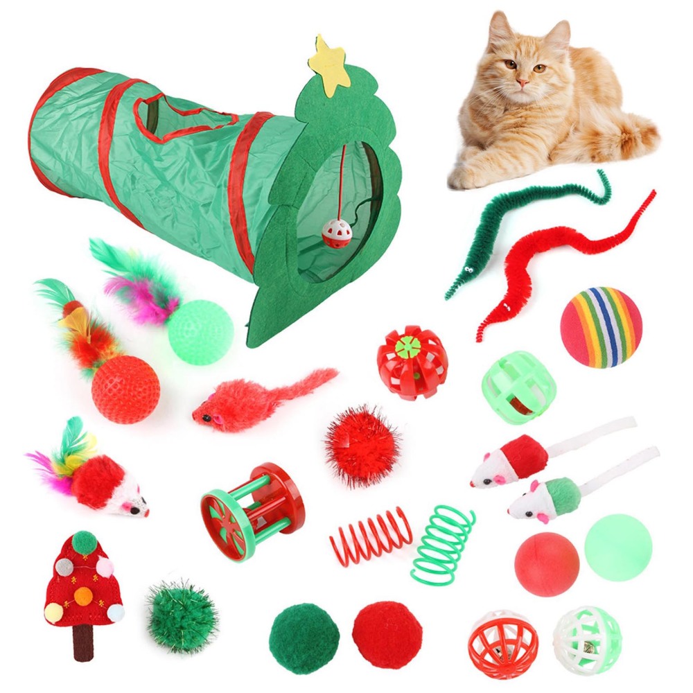 Xmas Cat Toys Kitten Tunnel Toys Set Variety Catnip Toys with Green Tunnel Gift