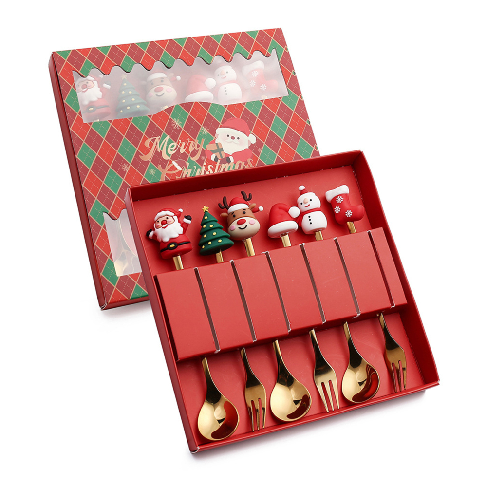 6pcs Christmas Coffee Spoons Forks Set For Stirring Desserts Xmas Birthday Gifts