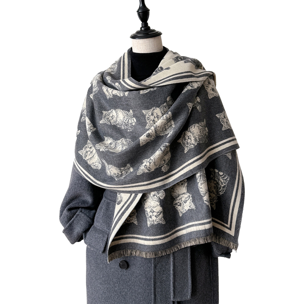 Men Women's Winter Thickened Wool Scarves Cat Printed Warm Scarf Retro Gift - Picture 6 of 8