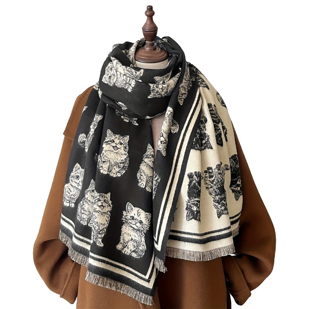 Men Women's Winter Thickened Wool Scarves Cat Printed Warm Scarf Retro Gift - Picture 7 of 8