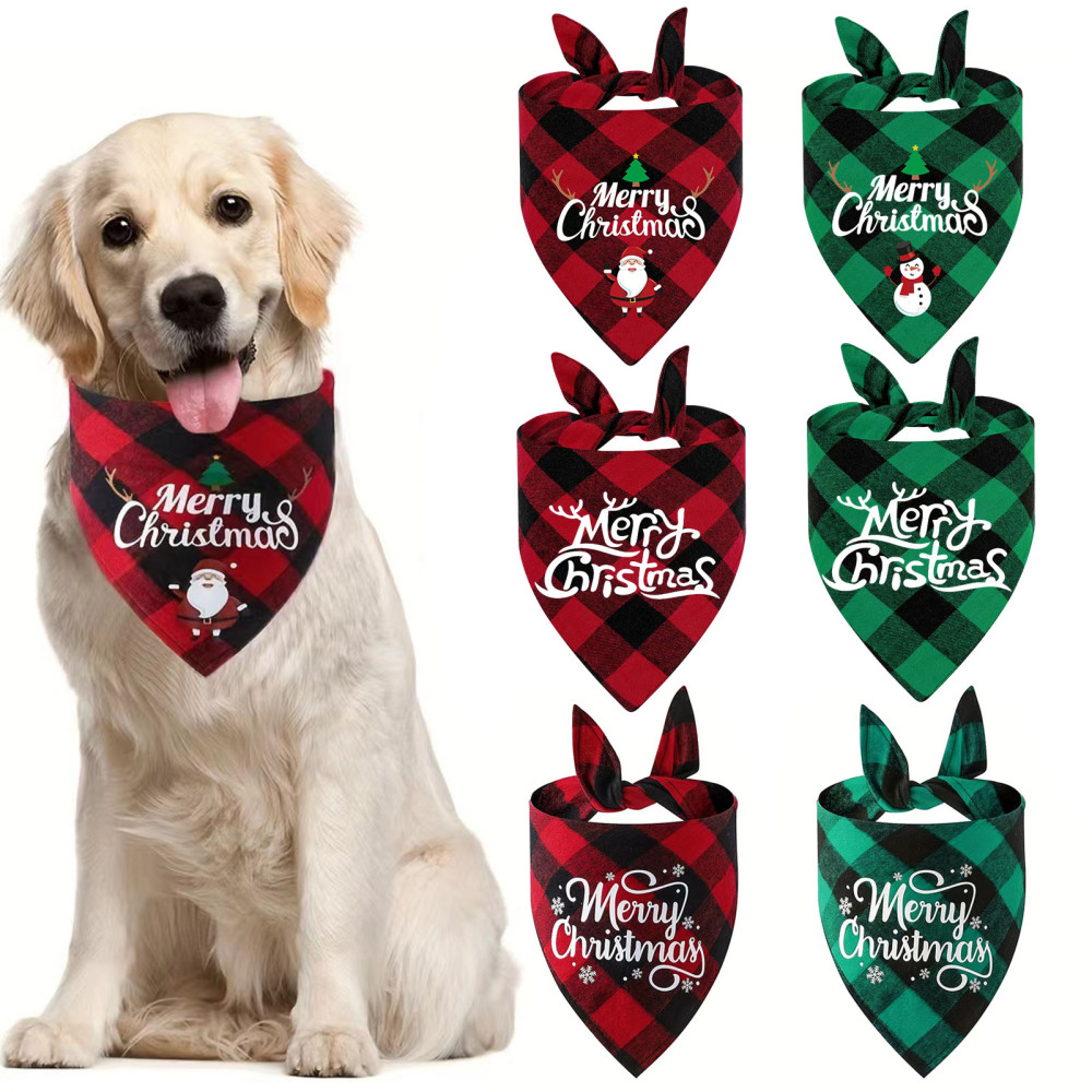 1PC Dog Christmas Bandanas Triangle Merry Christmas Printing Plaid Pet Scarf