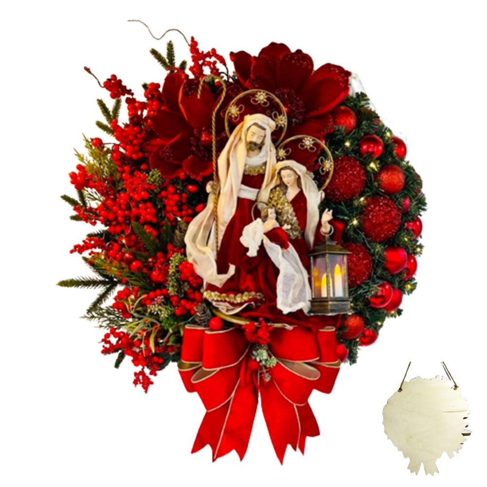 Christmas Holy Jesus Print Berry Clusters Bow Wreath Garland Front Door Ornament