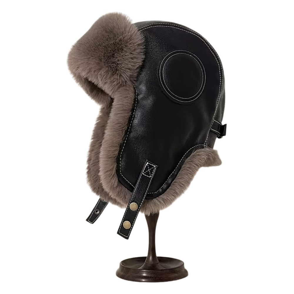 Men Faux Leather Aviator Trapper Hat Cap Flying Fur Winter Warm Vintage Beanie - Picture 13 of 15