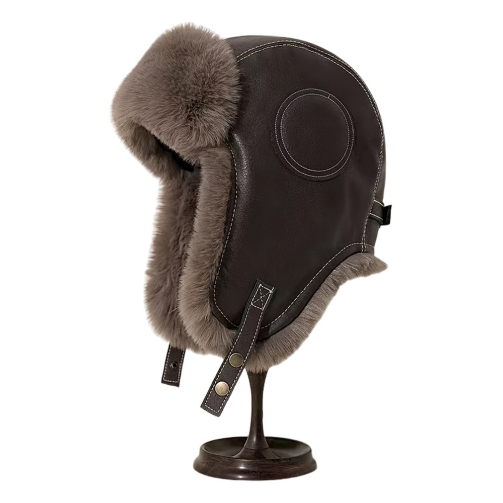 Men Faux Leather Aviator Trapper Hat Cap Flying Fur Winter Warm Vintage Beanie - Picture 14 of 15