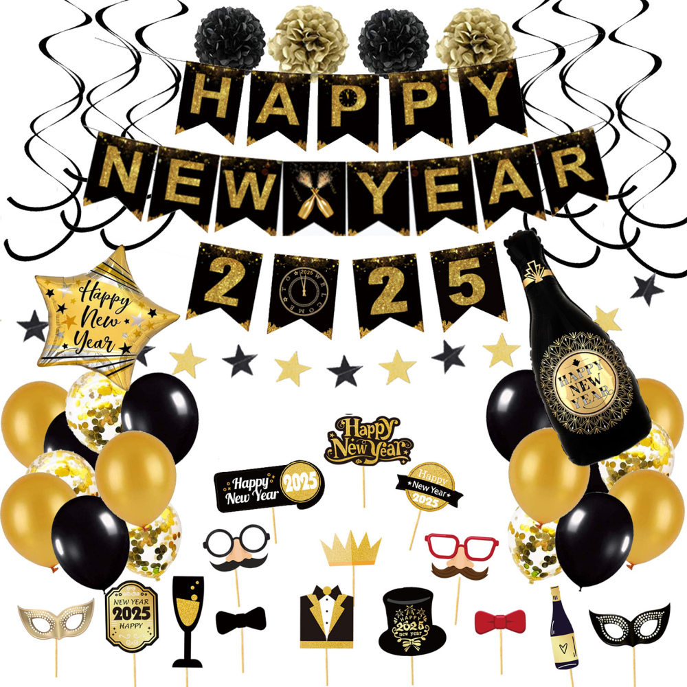 2025 Happy New Year Theme Banner Cake Topper Swirls Hanging Fireworks Balloons - Picture 11 of 11