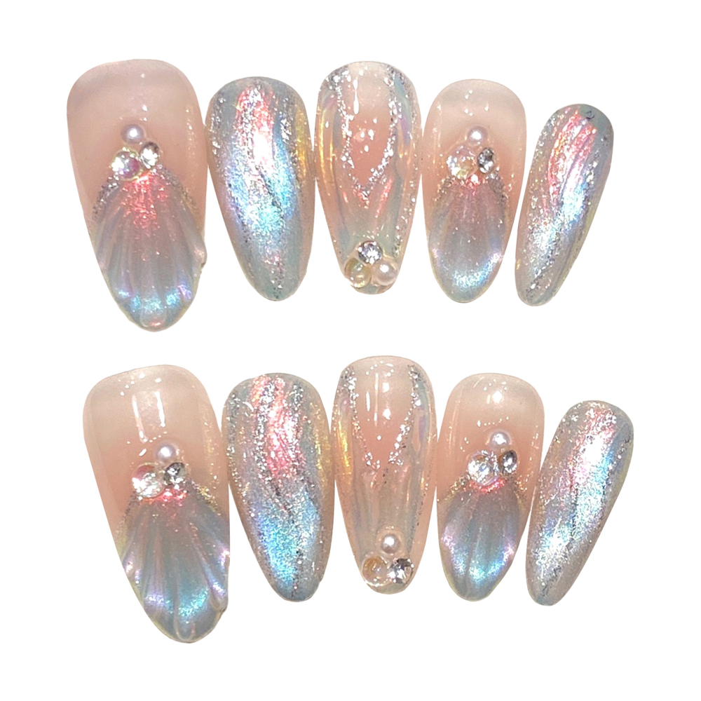 10pcs Long Almond Pink French Glitter Sequins Fake Nail Press On Nails False - Picture 13 of 13