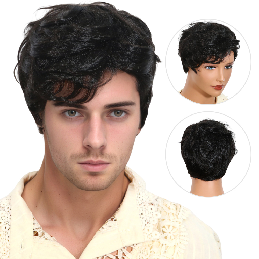 Mens Short Black Hair Wig Synthetic Daily Natural Cosplay Full Wigs Party