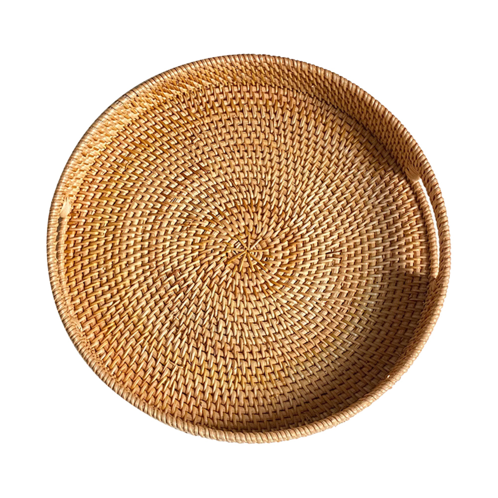 Woven Serving Tray Coffee Table Tray Round Rattan Ottoman Tray with Handle - Picture 11 of 11