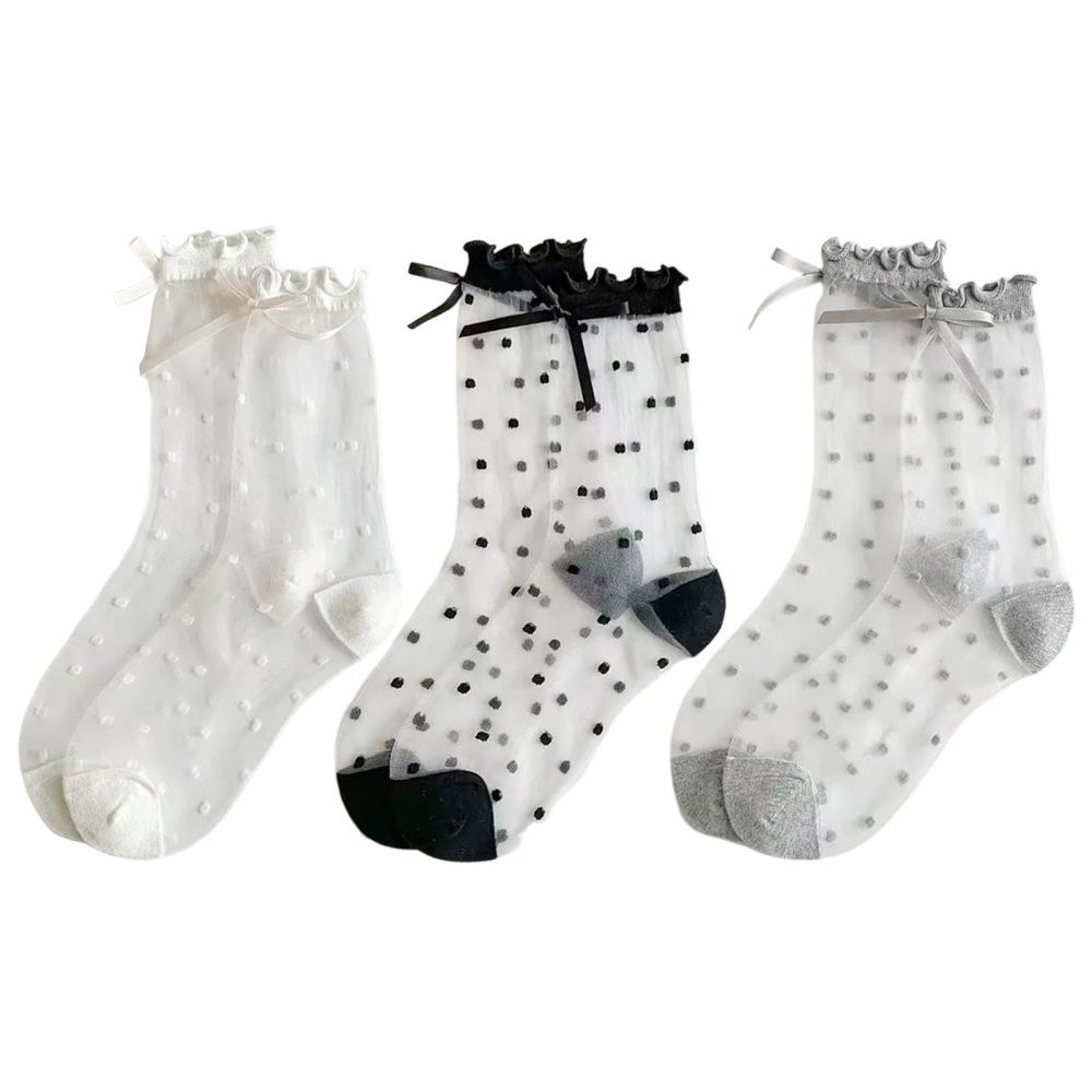 Mesh Sheer Lace Ruffle Calf Socks with Bow for Women Girls Lace Up Sock