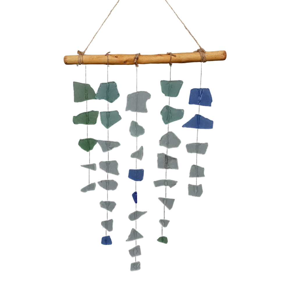 Bohemian Sea Glass & Driftwood Wind Chime Glass Outside Beach Hanging Decor Gift